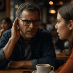 A person sitting in a busy café leans forward with a strained expression, struggling to hear their companion across the table, surrounded by ambient noise and conversation—highlighting the early signs of hearing loss.
