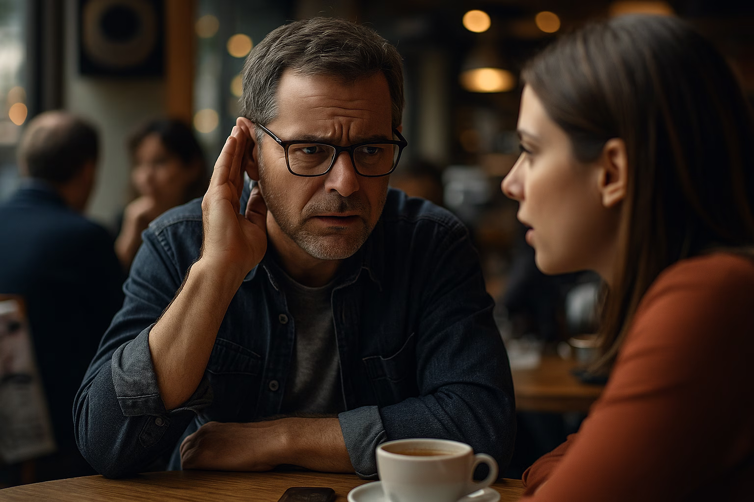 A person sitting in a busy café leans forward with a strained expression, struggling to hear their companion across the table, surrounded by ambient noise and conversation—highlighting the early signs of hearing loss.